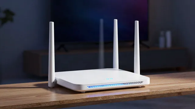 Routeur Wi-Fi sur une étagère devant un téléviseur allumé dans un salon sombre